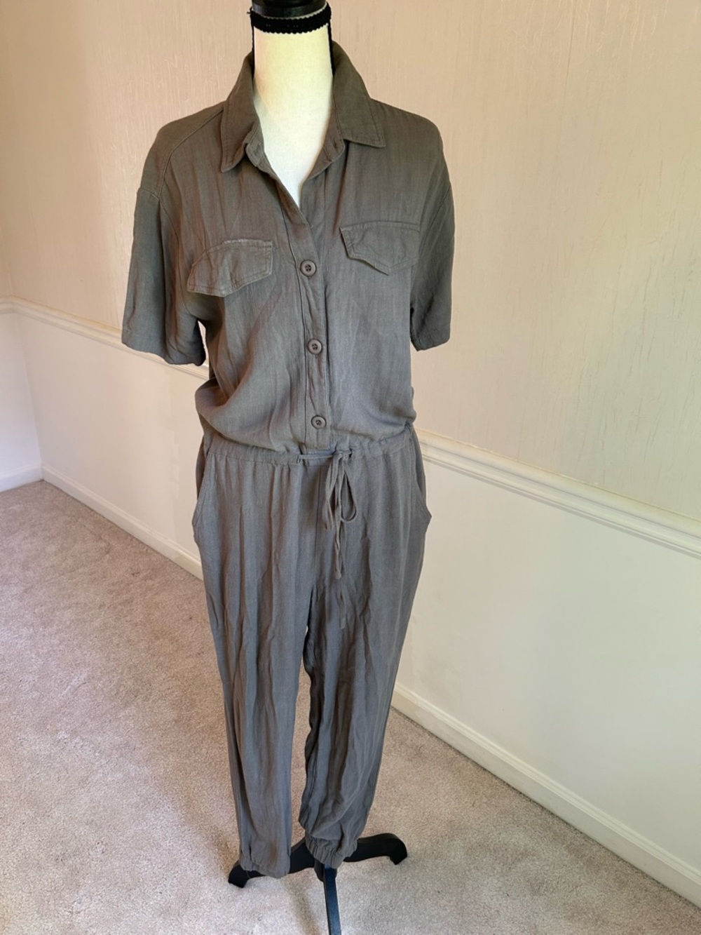 HYFVE Taupe Utility Jumpsuit Medium Tencel Lyocell Cargo Button Front